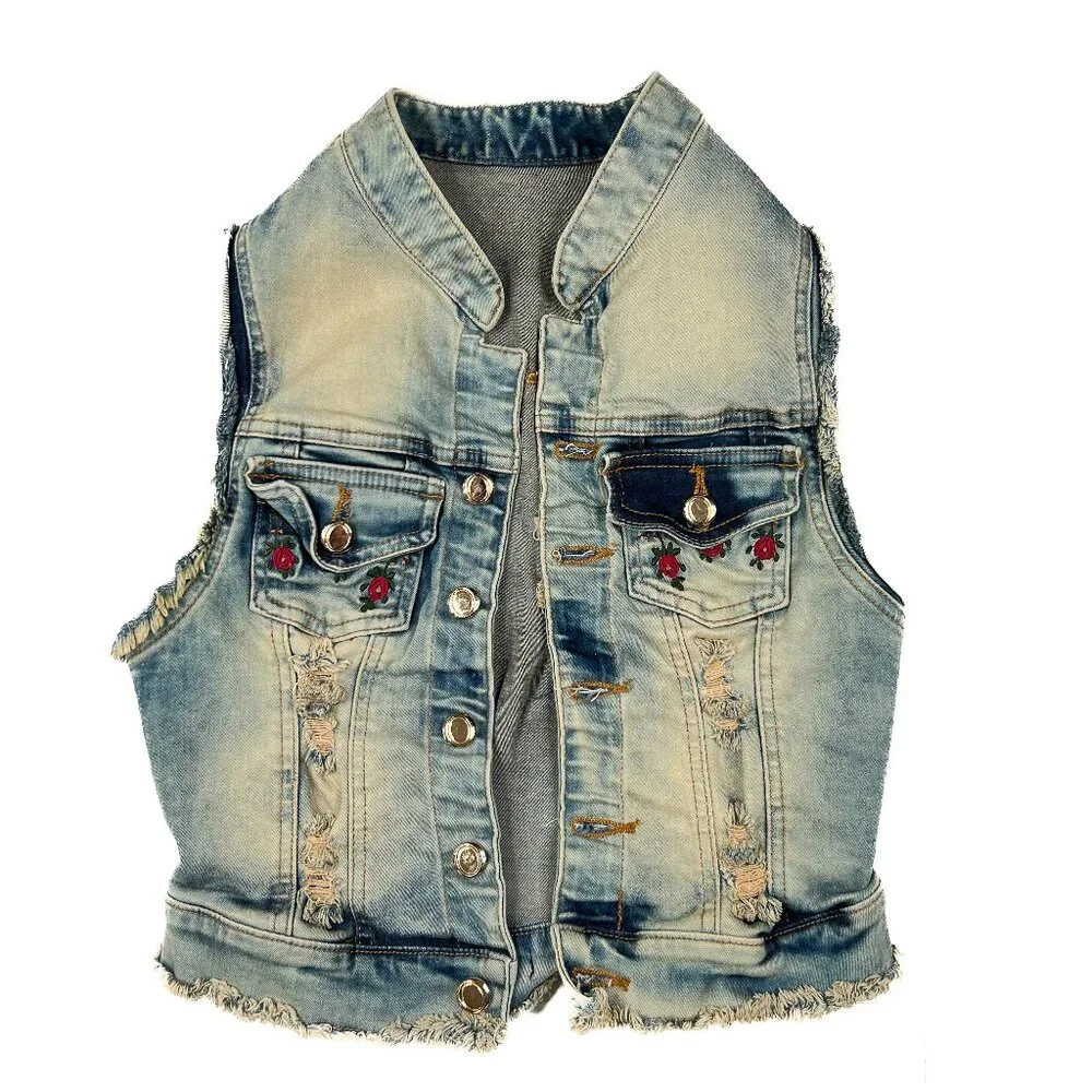 '90s Vintage Acid-Wash‎ Rose Embroidered Destroyed Goth Grunge Denim Vest Size 6